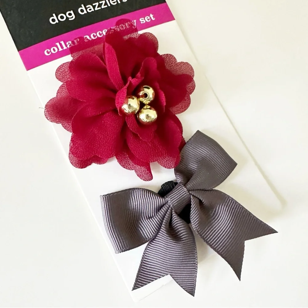 Bow and Arrow Dog Dazzlers Collar Bow Accessory Set Red Grey NWT